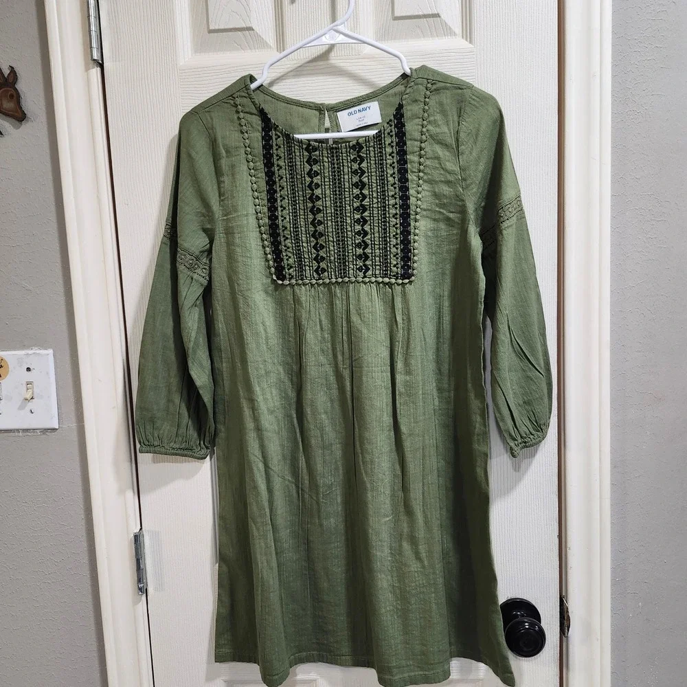 Old Navy Girls Olive Green Embroidered Bib Long Sleeve Shift Dress L 10-12 Plus